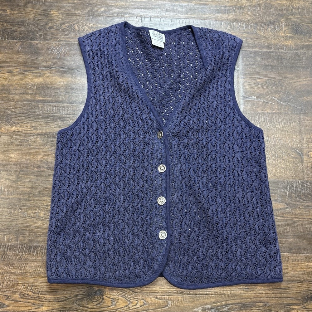 Susan Christopher VTG 90s Vest Cardigan M Navy Blue Metal Buttons Knit Crochet‎